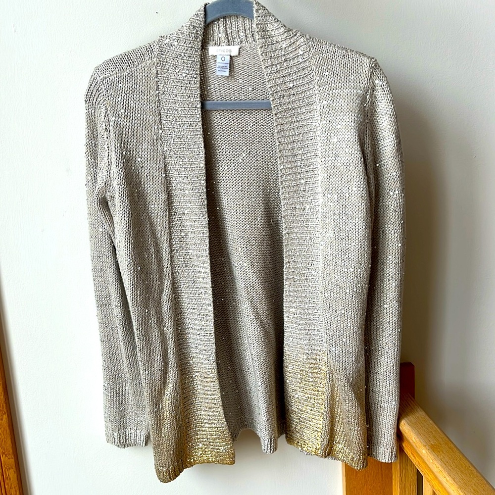 Chico’s Sparkly Ombré Open Front Cardigan Size Small 0 Tan & Gold